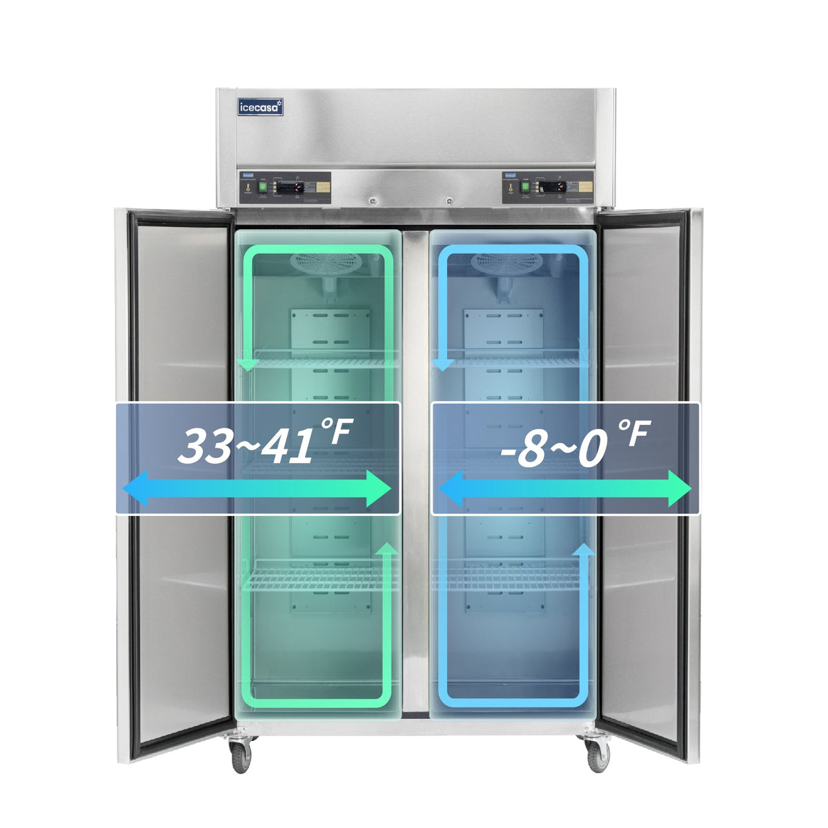 ICECASA 48" Freezer And Fridge Combo, Restaurant 2 Door Reach-In Commercial Fridge And Freezer Combination