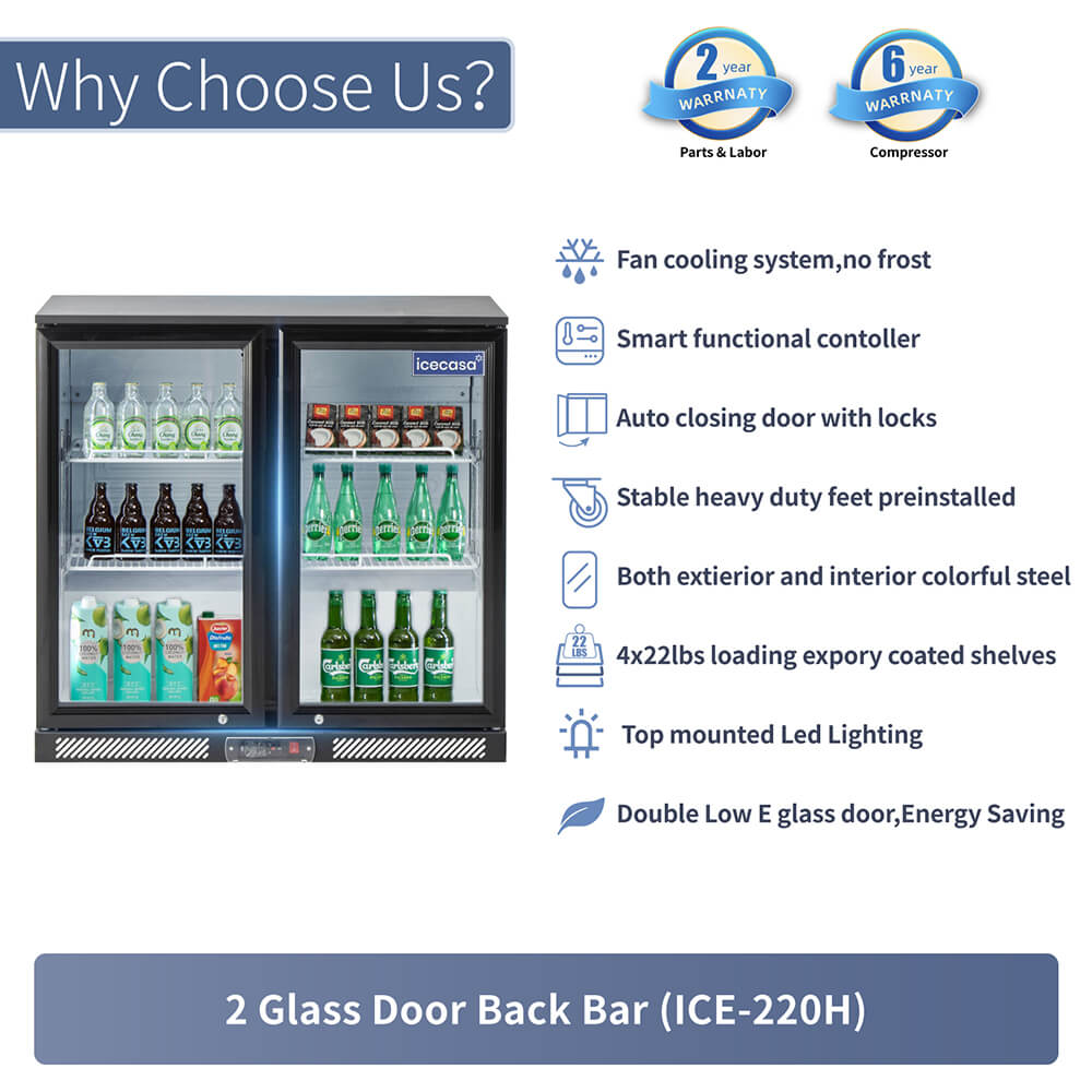 ICECASA Beverage Refrigerator, 2 Glass Door Back Bar Fridge Commericial Beer Cooler Merchandiser