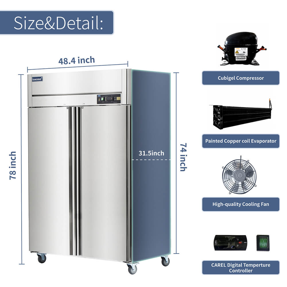 ICECASA 48 Inch Commercial Refrigerator, Restaurant 2 Door Reach-In Commercial Upright Fridge, Cooler