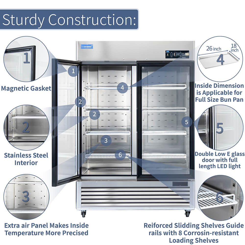 ICECASA 54 Inch 2 Door Commercial Display Refrigerator, Double Glass Door Commercial Reach-in Merchandiser Refrigerator