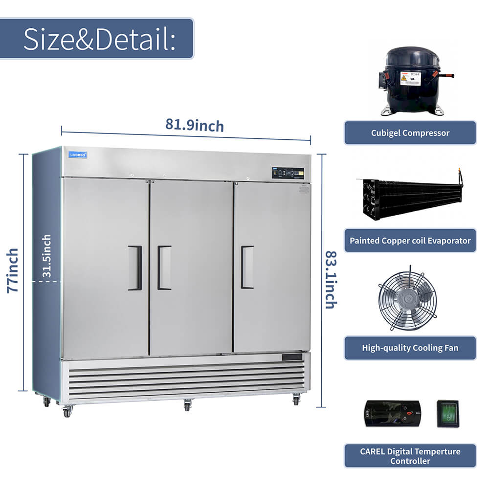 ICECASA 82 Inch Commercial Freezer, Restaurant 3 Door Reach-In Commercial Upright Freezer