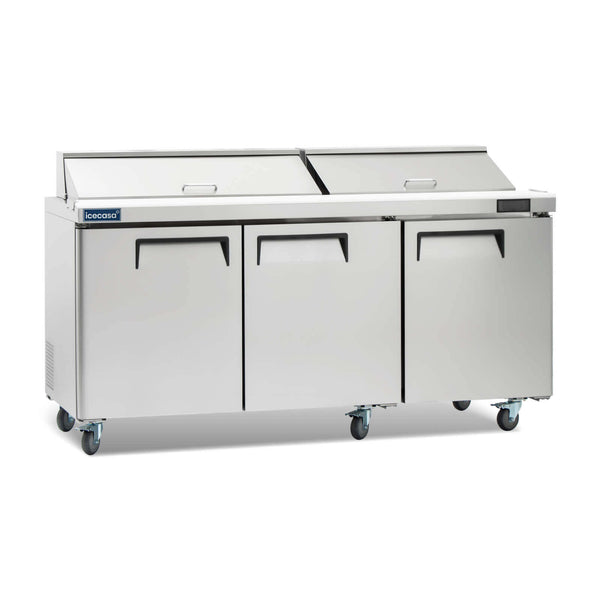ICECASA Commercial 72" 3-Door Sandwich Prep Table Refrigerator 18 Pans | ISR-72B