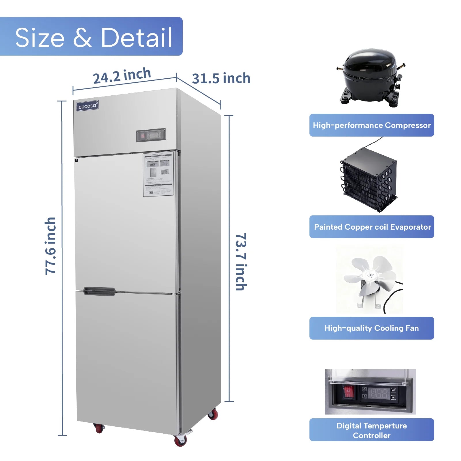 ICECASA Commercial 24" 2 Split Door Freezer Upright Reach-In Freezer for Restaurant | ICE-68F2