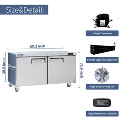 Commercial Undercounter Refrigerator, ICECASA 60 Inch 2 Door Under Counter Lowboy Fridge Worktop Cooler