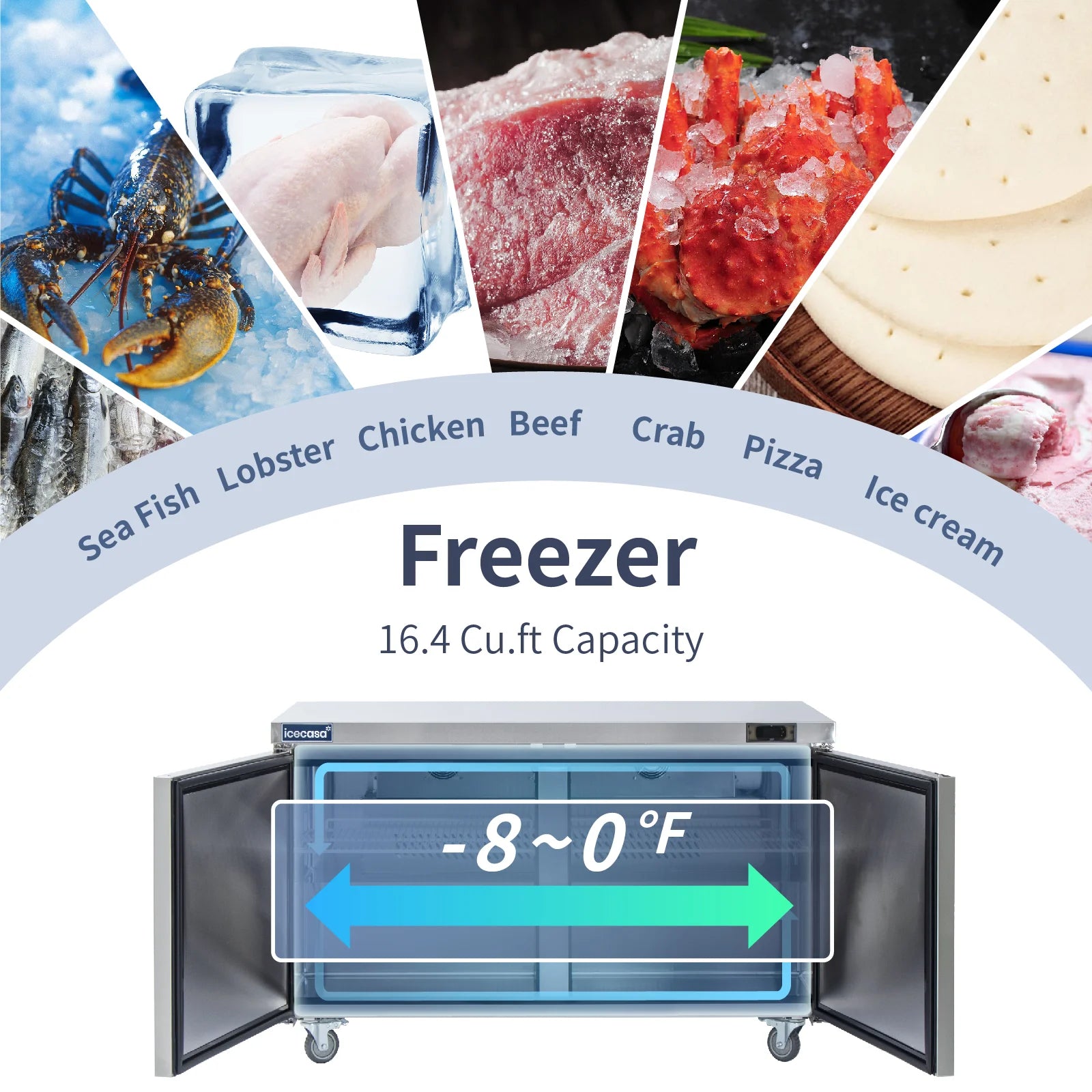 ICECASA Commercial 60" 2-Door Undercounter Freezer Stainless Steel Worktop Freezer | ITF-60