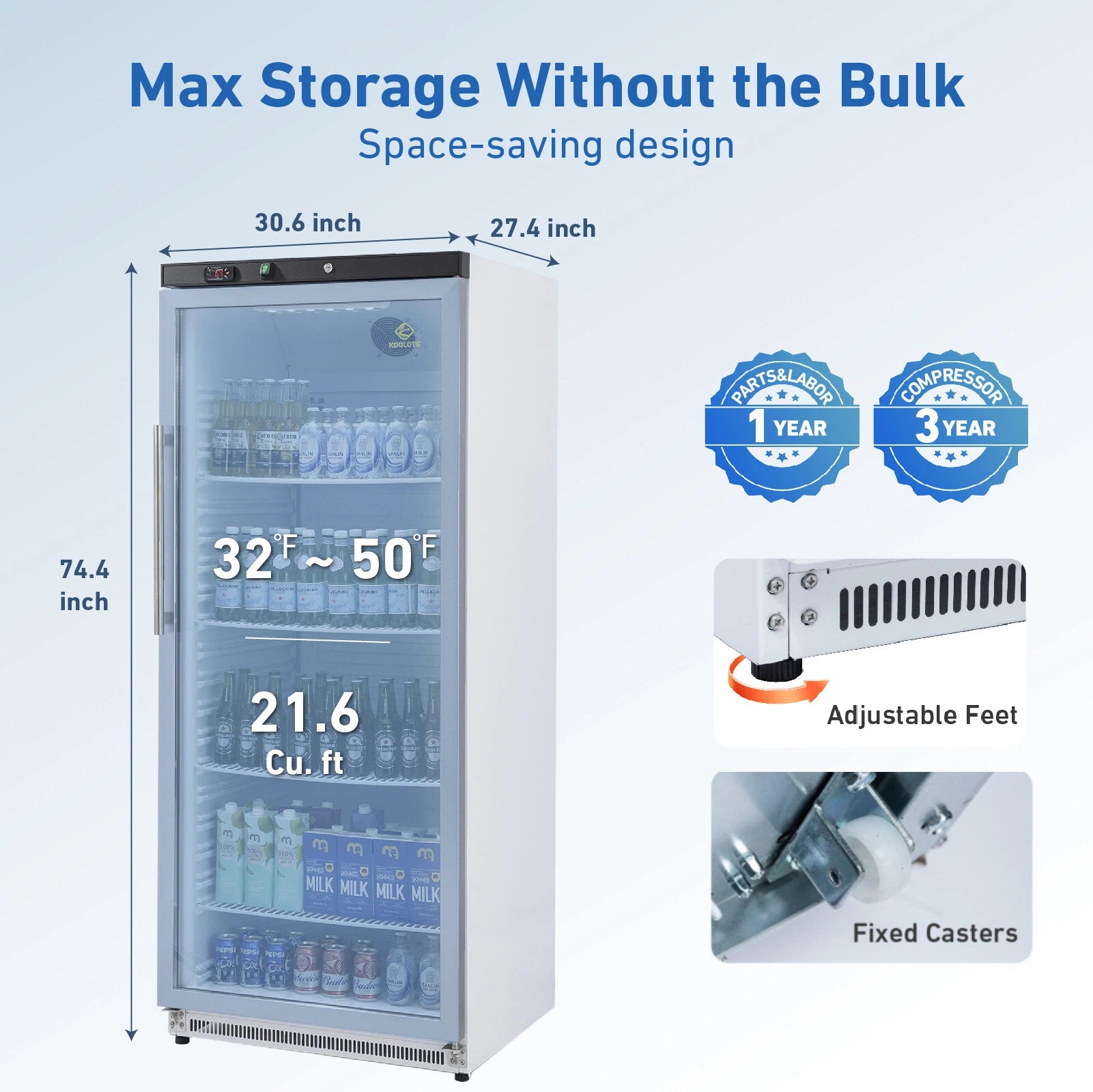 KOOLOTS Commercial 31" Glass Door Reach-In Refrigerator 21.6 Cu.Ft Beverage Display | KR600G
