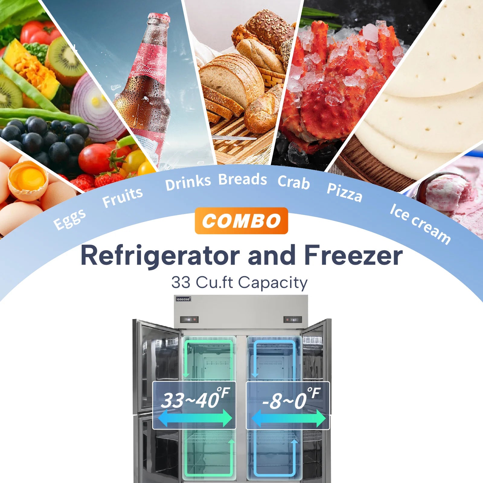 ICECASA Commercial 48" 4 Split Door Refrigerator Freezer Combo Upright Fridge and Freezer for Restaurant | ICE-128RF4