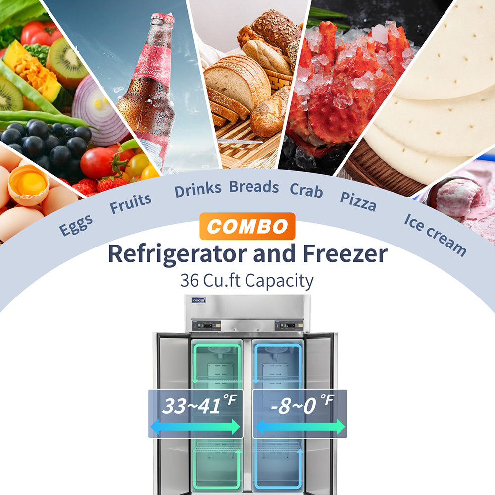 ICECASA 48" Freezer And Fridge Combo, Restaurant 2 Door Reach-In Commercial Fridge And Freezer Combination