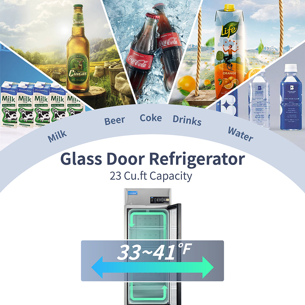 ICECASA 27" 1 Door Commercial Beverage Cooler, Single Glass Door Commercial Drink Refrigerator