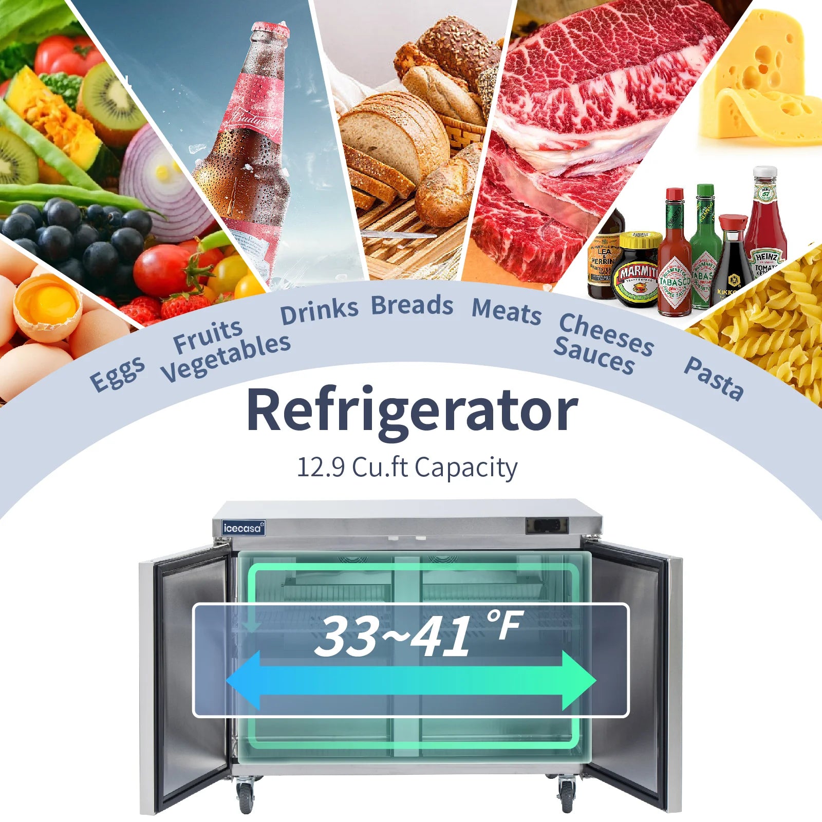 ICECASA Commercial 48" 2-Door Undercounter Refrigerator Stainless Steel Worktop Cooler | ITR-48