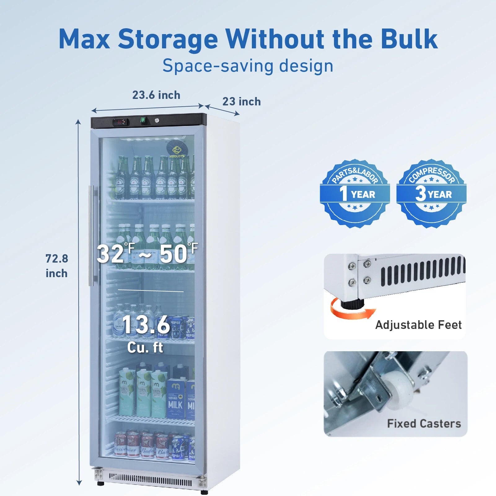 KOOLOTS Commercial 24" Glass Door Reach-In Refrigerator 13.6 Cu.Ft Beverage Display | KR400G