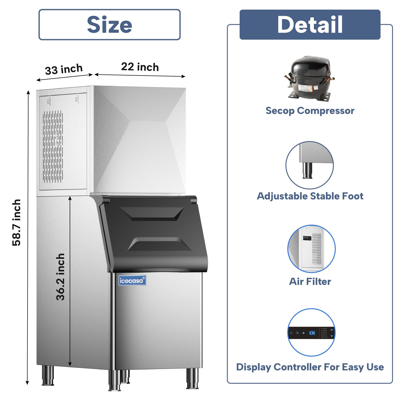 Commercial Ice Machine, ICECASA Commercial Ice Maker 400 lbs/24H Ice with 267 lbs Bin