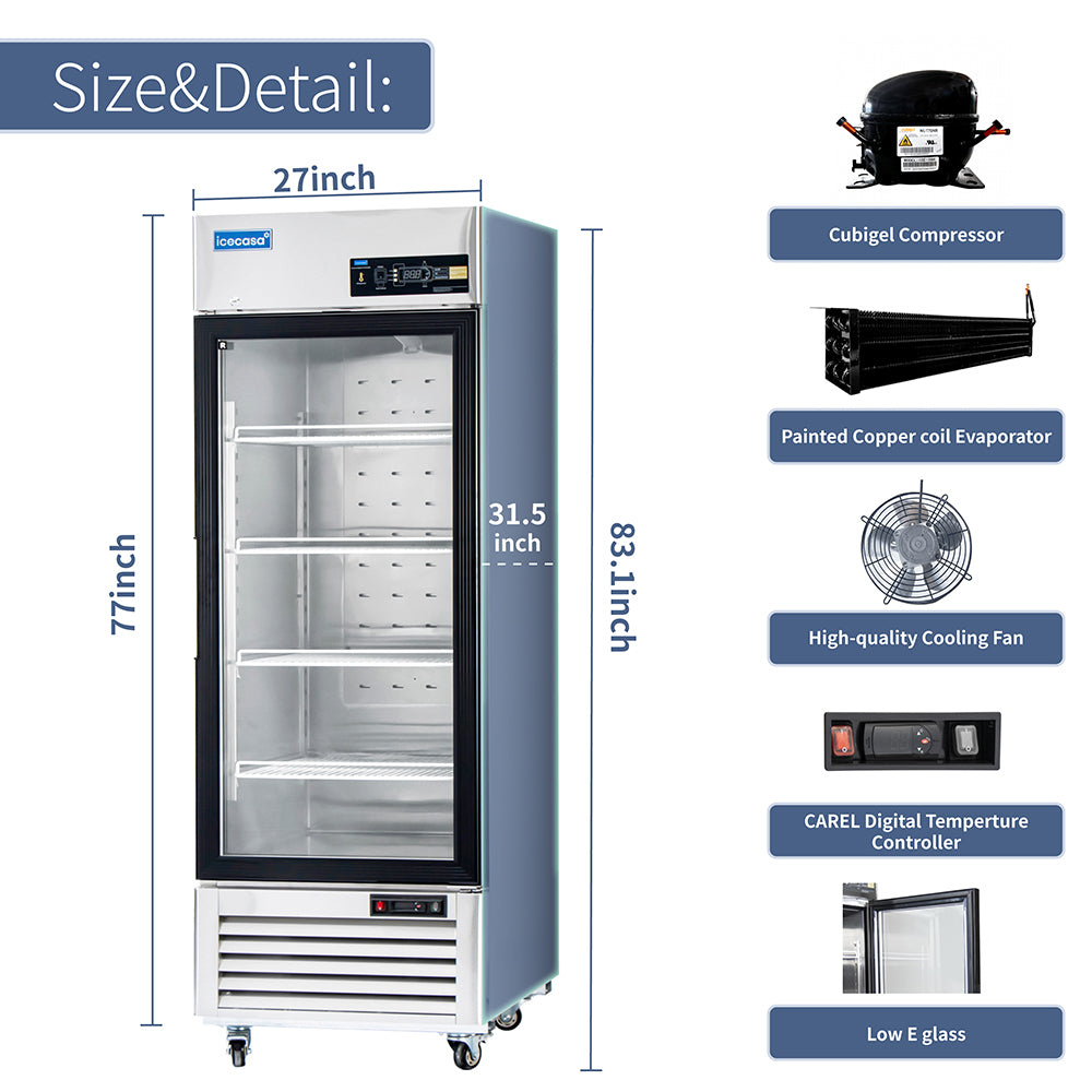 ICECASA 27" 1 Door Commercial Beverage Cooler, Single Glass Door Commercial Drink Refrigerator