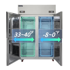 ICECASA 48 Inch Commercial Reach-In Refrigerators and Freezer Combo, 4 Split Doors, Stainless Steel Upright Fridge Freezer