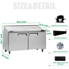 ICECASA 60" Stainless Steel Sandwich Prep Table Refrigerator