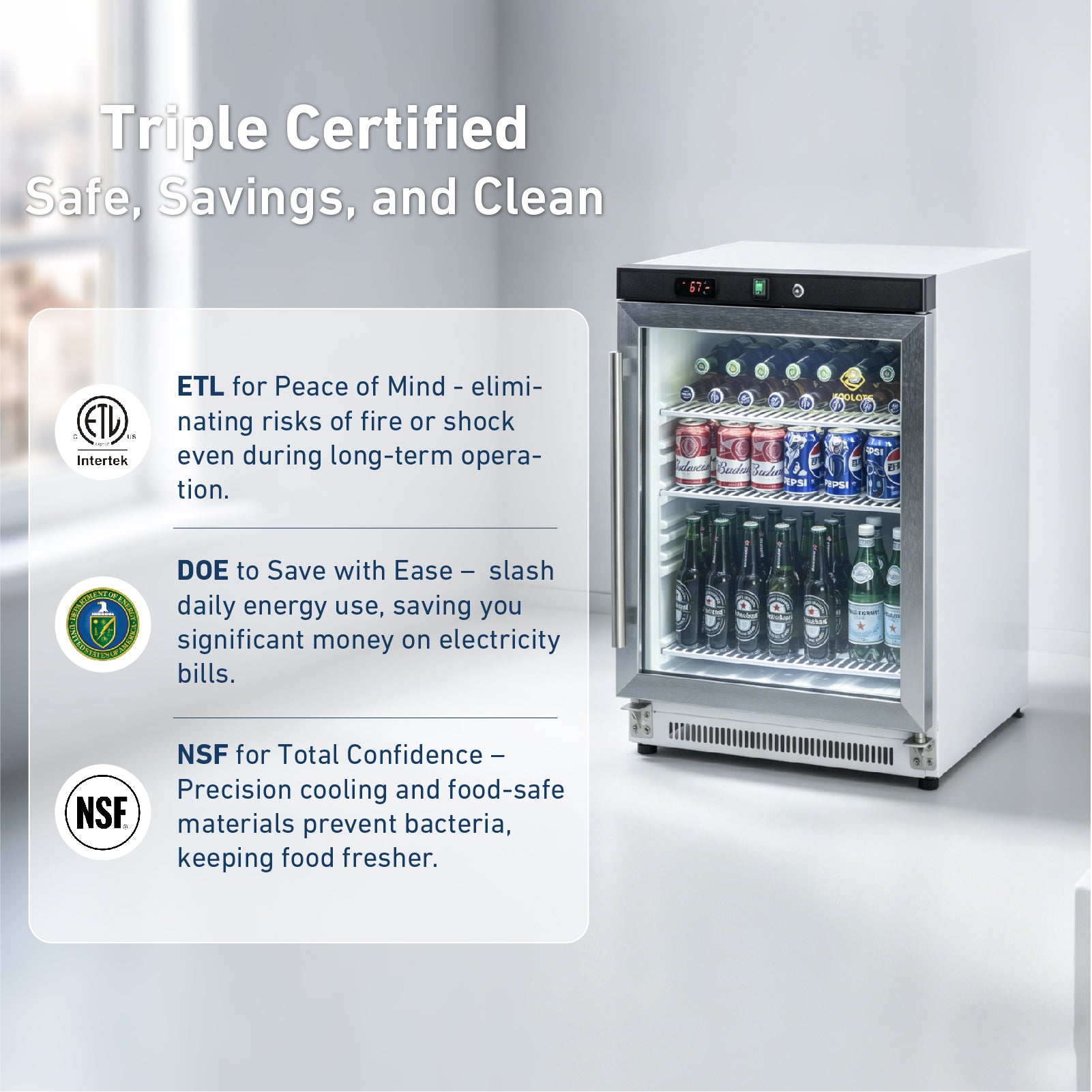 KOOLOTS Commercial 23" Glass Door Countertop Refrigerator 4.8 Cu.Ft Beverage Display | KR200G