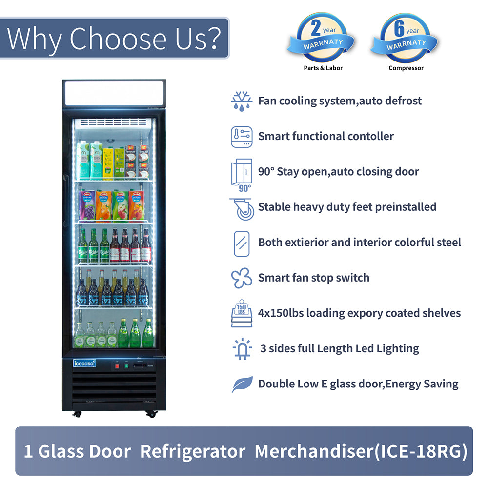 ICECASA 24" 1 Door Commercial Beverage Cooler, Single Glass Door Commercial Drink Refrigerator