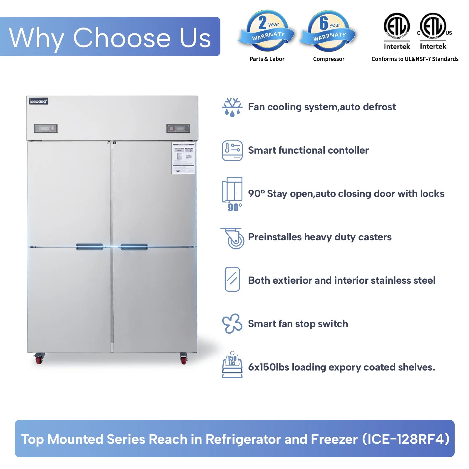 ICECASA Commercial 48" 4 Split Door Refrigerator Freezer Combo Upright Fridge and Freezer for Restaurant | ICE-128RF4