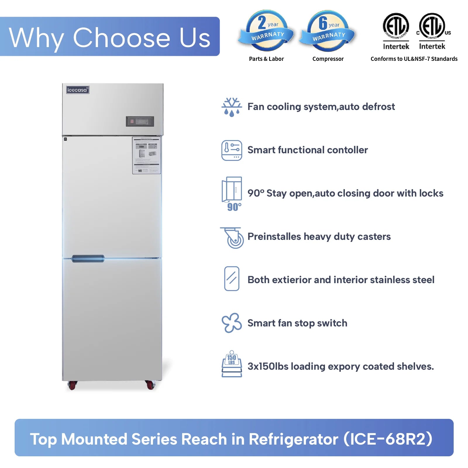 ICECASA Commercial 24" 2 Split Door Refrigerator Upright Reach-In Cooler for Restaurant | ICE-68R2
