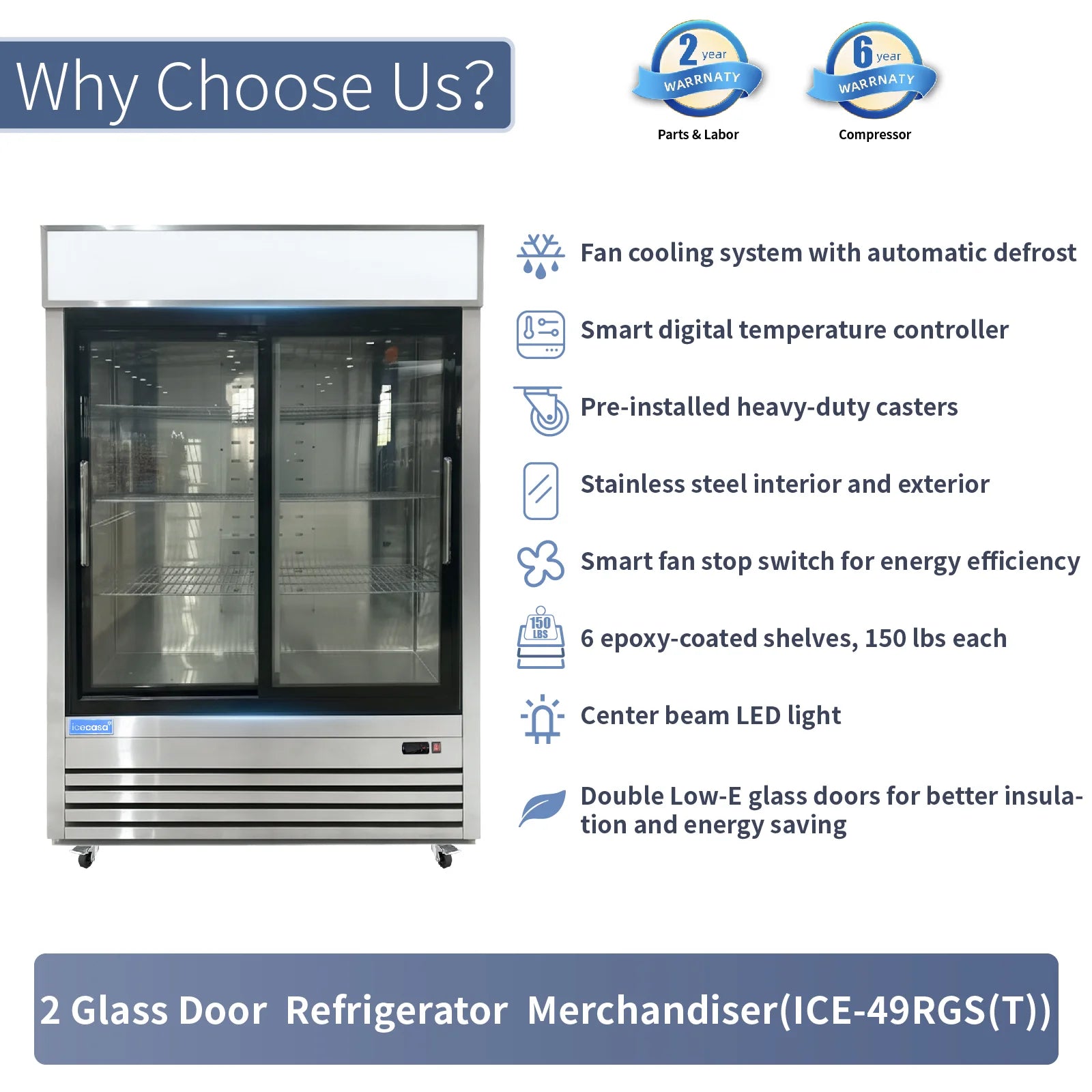 ICECASA 54-Inch Commercial Sliding Glass Door Display Refrigerator - Double Door Reach-in Merchandiser