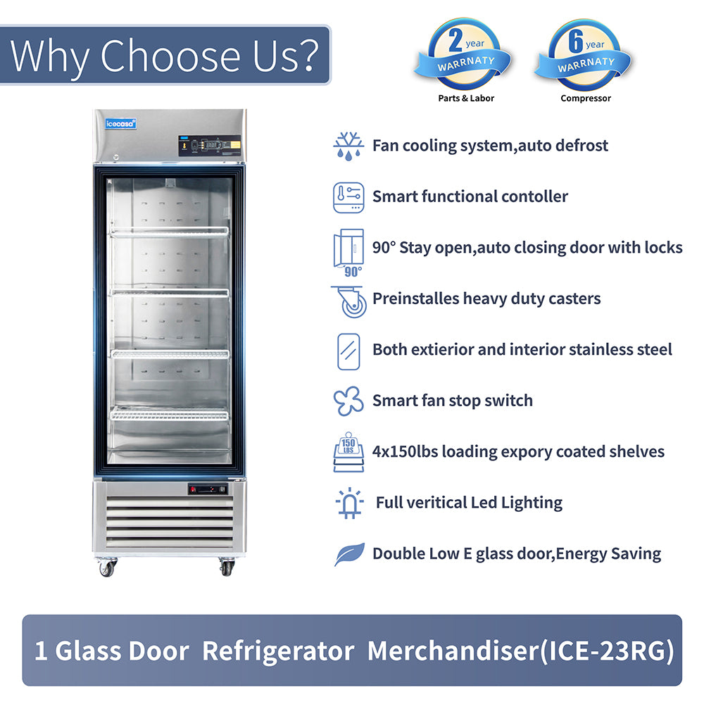 ICECASA 27" 1 Door Commercial Beverage Cooler, Single Glass Door Commercial Drink Refrigerator