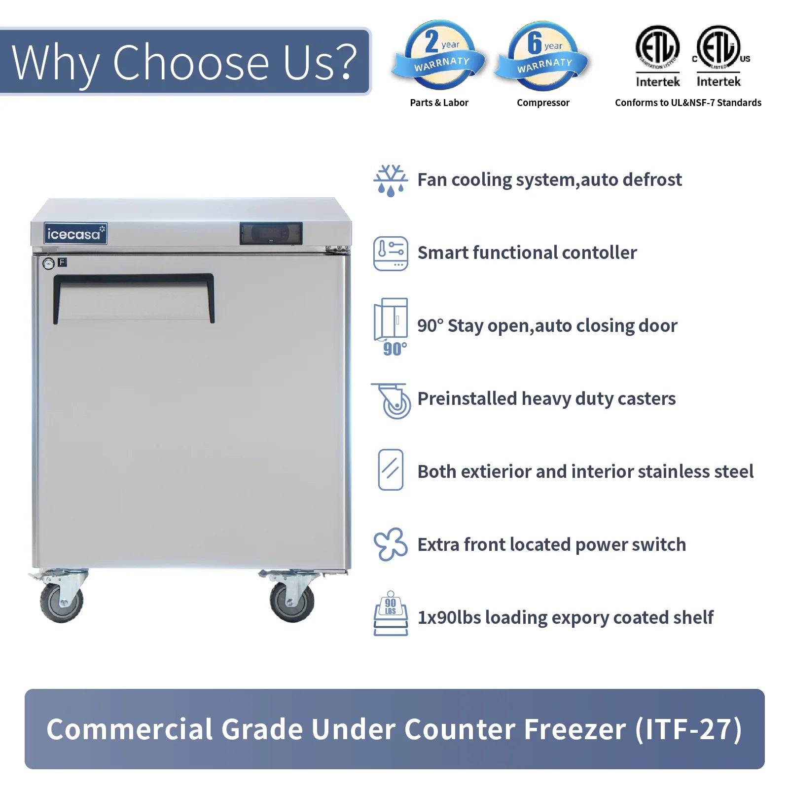 ICECASA Commercial 27" 1-Door Undercounter Freezer Stainless Steel Worktop Freezer | ITF-27