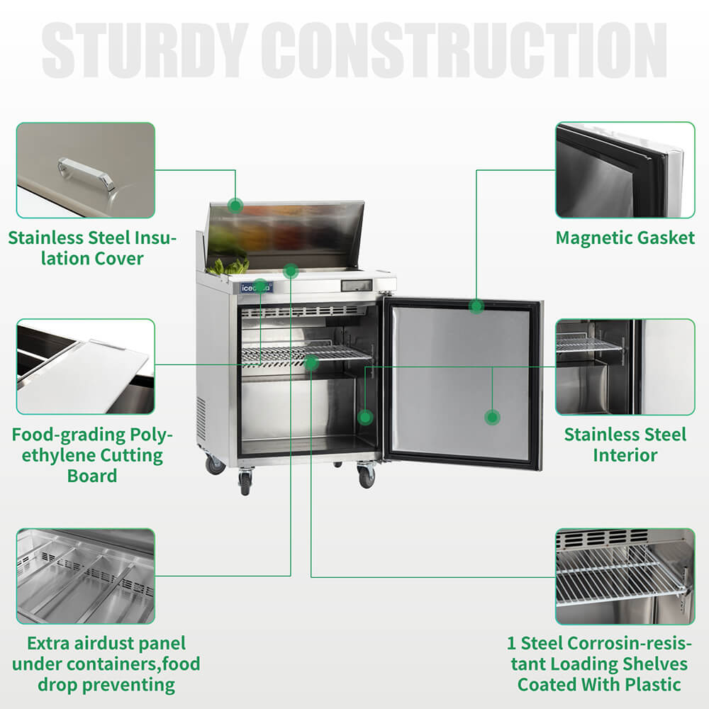 ICECASA 27" Stainless Steel Sandwich Prep Table Refrigerator