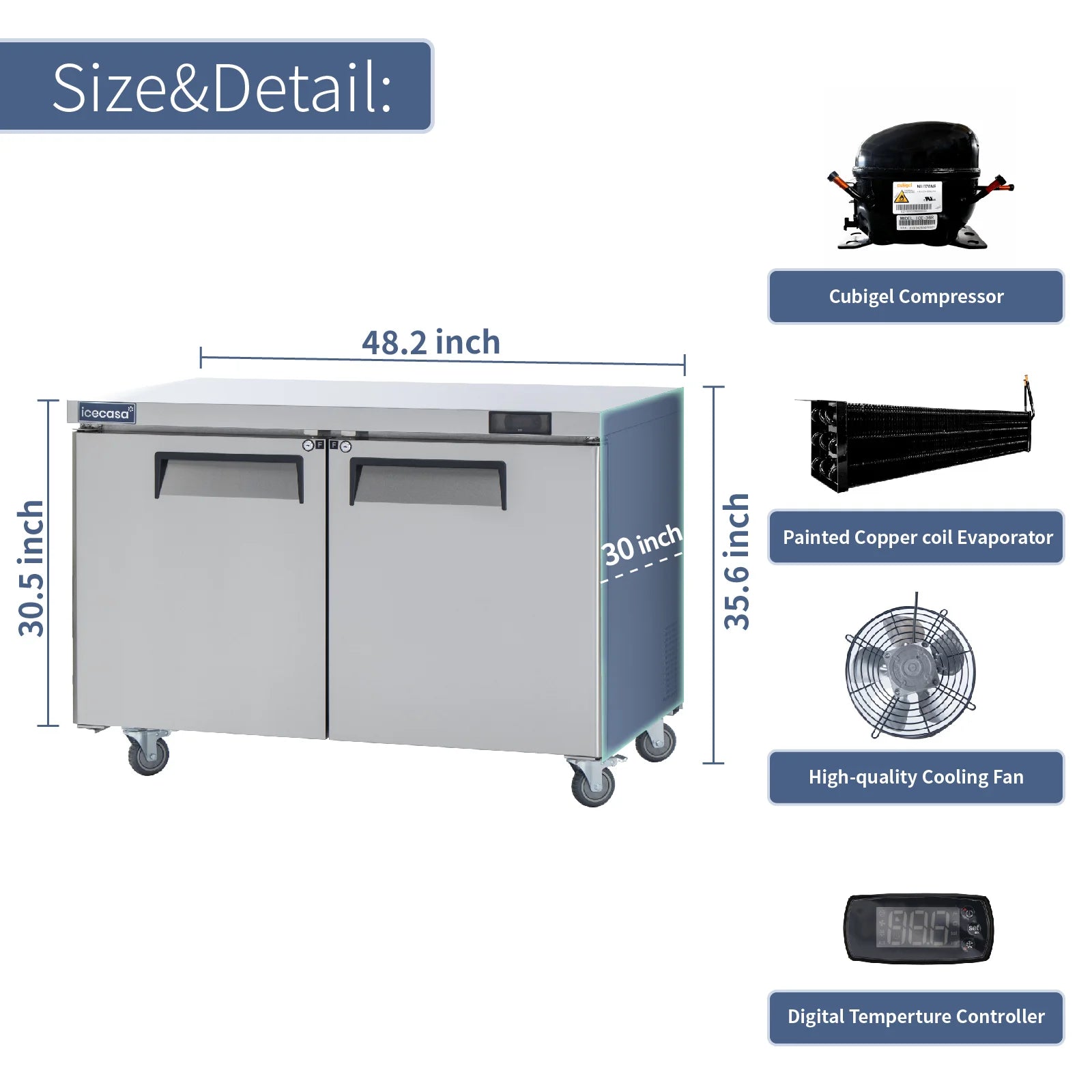 ICECASA Commercial 48" 2-Door Undercounter Freezer Stainless Steel Worktop Freezer | ITF-48