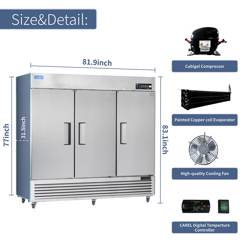 ICECASA 82" Fridge For Commercial, Industrial 3 Door Reach-In Stand Up Commercial Refrigerator, Cooler