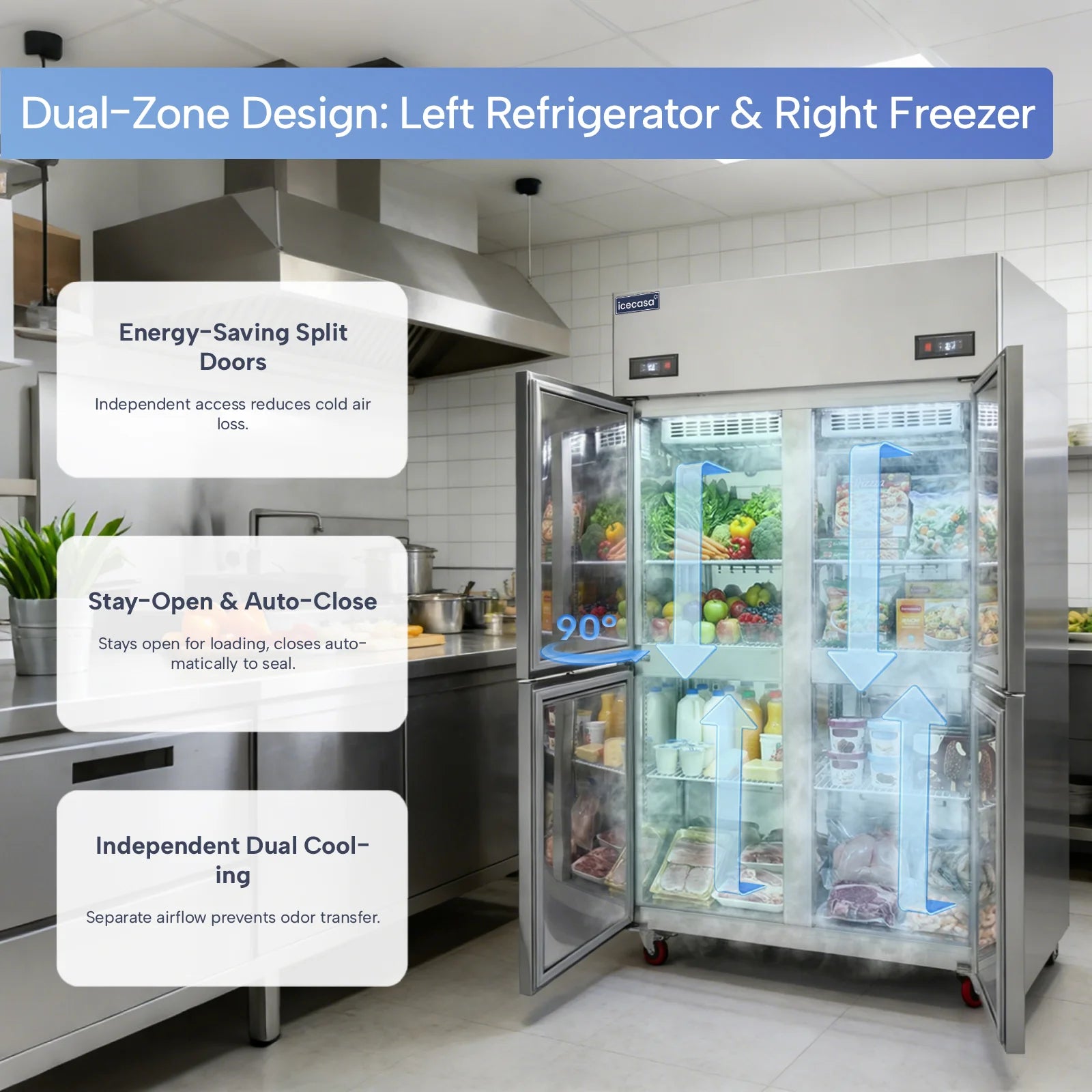 ICECASA Commercial 48" 4 Split Door Refrigerator Freezer Combo Upright Fridge and Freezer for Restaurant | ICE-128RF4