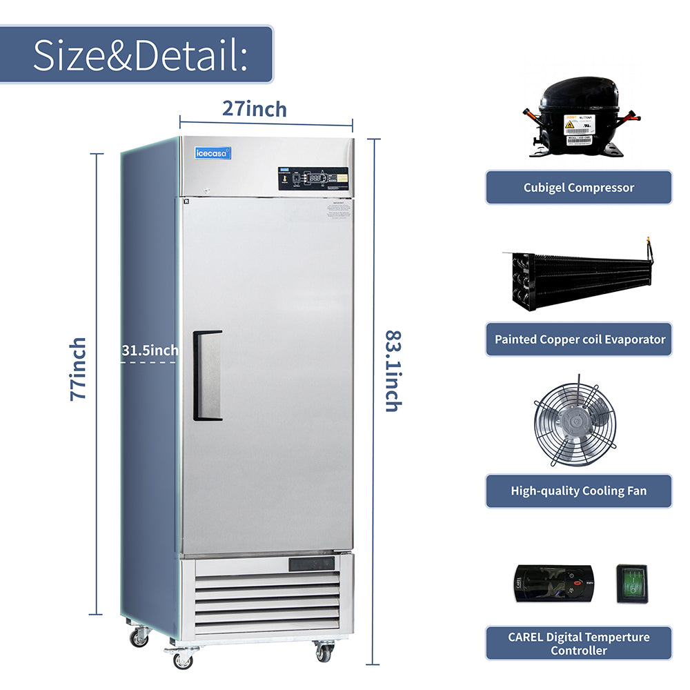 ICECASA 27" Fridge For Commercial, Industrial 1 Door Reach-In Stand Up Commercial Refrigerator, Cooler