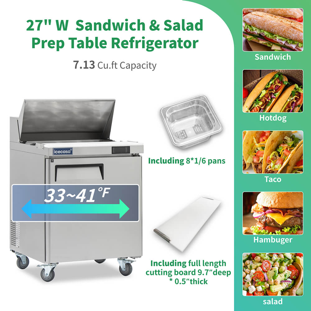 ICECASA 27" Stainless Steel Sandwich Prep Table Refrigerator