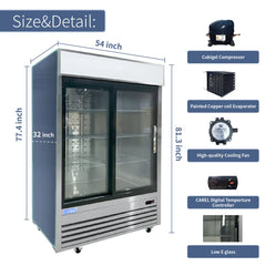 ICECASA 54-Inch Commercial Sliding Glass Door Display Refrigerator - Double Door Reach-in Merchandiser