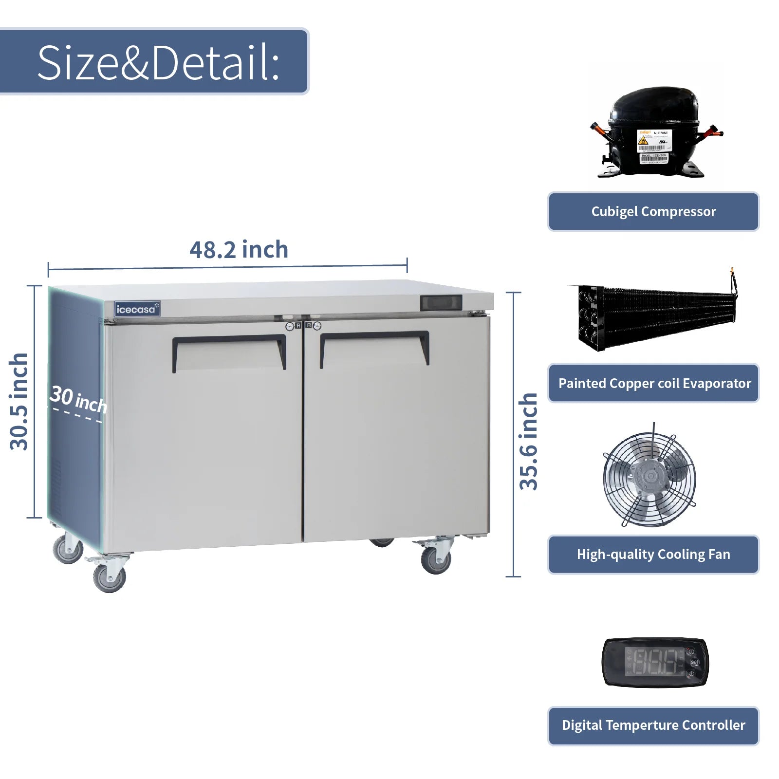 ICECASA Commercial 48" 2-Door Undercounter Refrigerator Stainless Steel Worktop Cooler | ITR-48