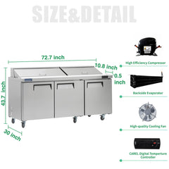 ICECASA 72" Stainless Steel Sandwich Prep Table Refrigerator