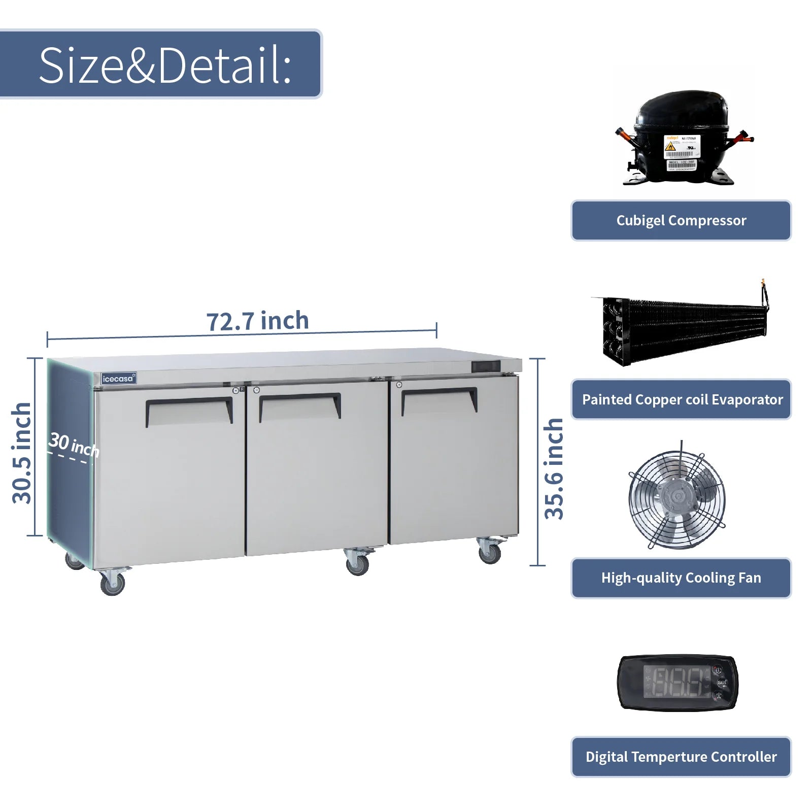 ICECASA Commercial 72" 3-Door Undercounter Refrigerator Stainless Steel Worktop Cooler | ITR-72
