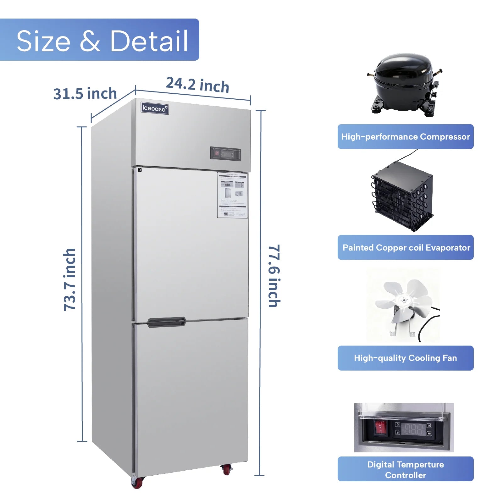 ICECASA Commercial 24" 2 Split Door Refrigerator Upright Reach-In Cooler for Restaurant | ICE-68R2