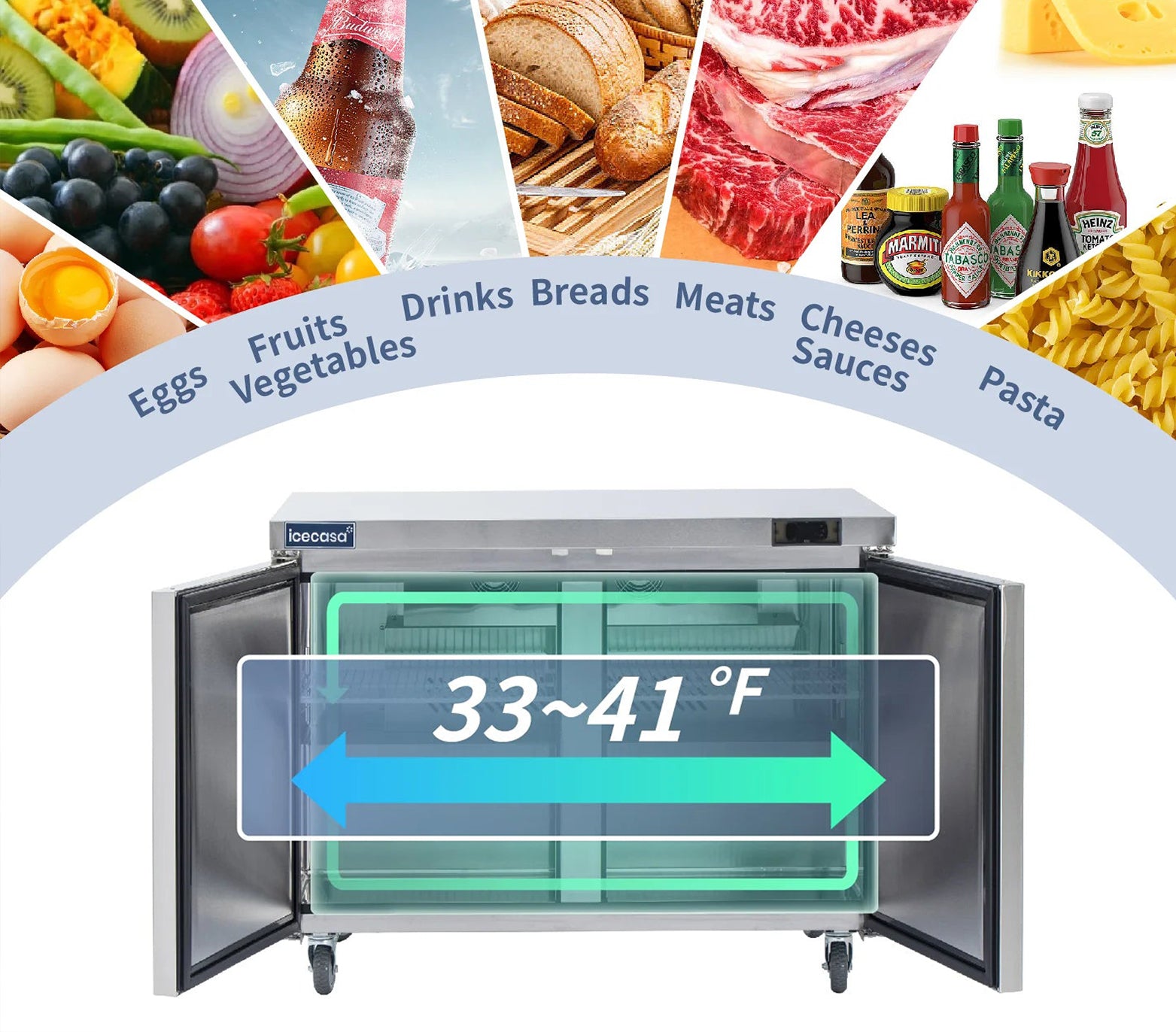 Commercial kitchen interior with ICECASA stainless steel upright refrigerator
