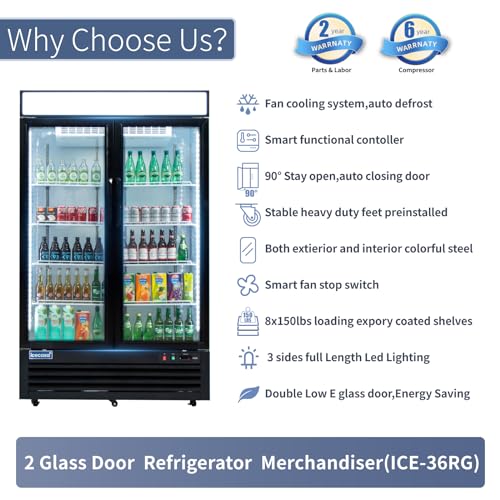 ICECASA 48" W Merchandiser Commercial Display Refrigerator Double Glass Door Reach-in 36 Cu.ft Stainless Steel Display Refrigerator Fan Cooling for Restuarant, Bar, Shop, etc