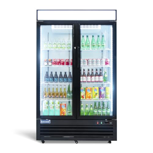 ICECASA 48" W Merchandiser Commercial Display Refrigerator Double Glass Door Reach-in 36 Cu.ft Stainless Steel Display Refrigerator Fan Cooling for Restuarant, Bar, Shop, etc